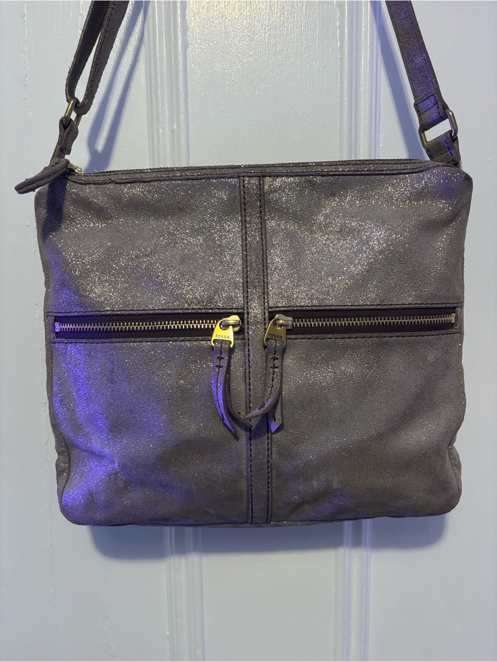 Fossil Metallic gray Crossbody Bag with Front Zippers